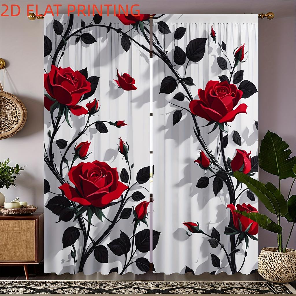 2Pcs Polyester Red Rose Vibrant Printing Window Curtains Birthday Party Decoration Backdrop Drapes for Living Room