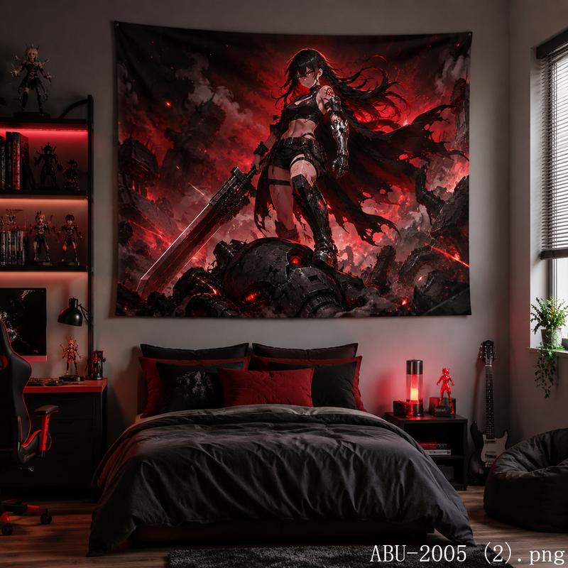 Red Fire Battle Anime Aesthetic Tapestry Cool Fantasy Warrior Cartoon Wall Hanging Teen Dorm Bedroom Otaku Home Wall Decor