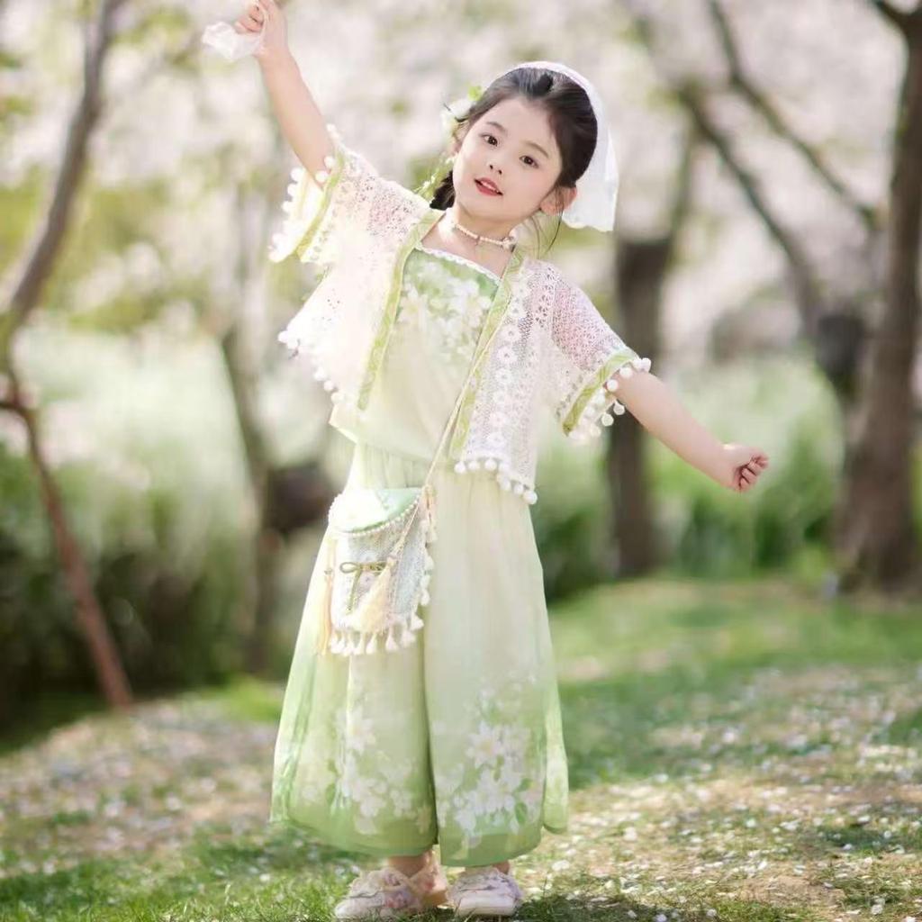 Children's Hanfu Summer 2026: New Ancient-Style Tang Suit Three-Piece Set with Trousers for Girls