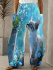 Women'S Spring Sweet American Style Light Blue Floral Cute Cat Printed Loose Wide-Leg Pants Made of Lightweight Fabric