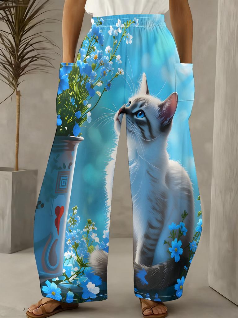 Women'S Spring Sweet American Style Light Blue Floral Cute Cat Printed Loose Wide-Leg Pants Made of Lightweight Fabric