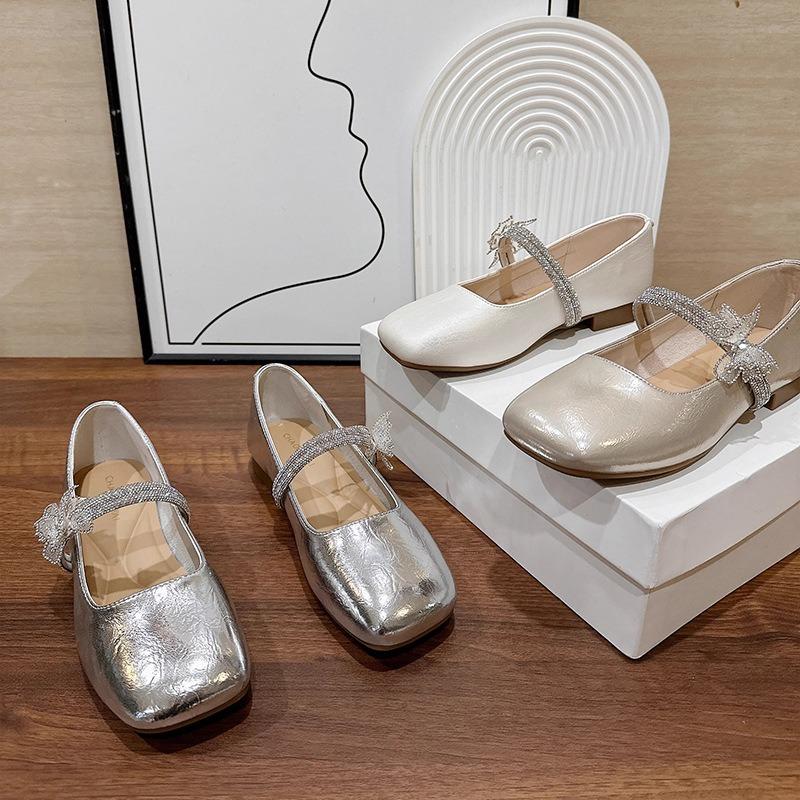 Versatile Silver Mary Jane Shoes Women's Summer New Rhinestone Light Mouth Single Shoes Flat-soled Small Leather Shoes