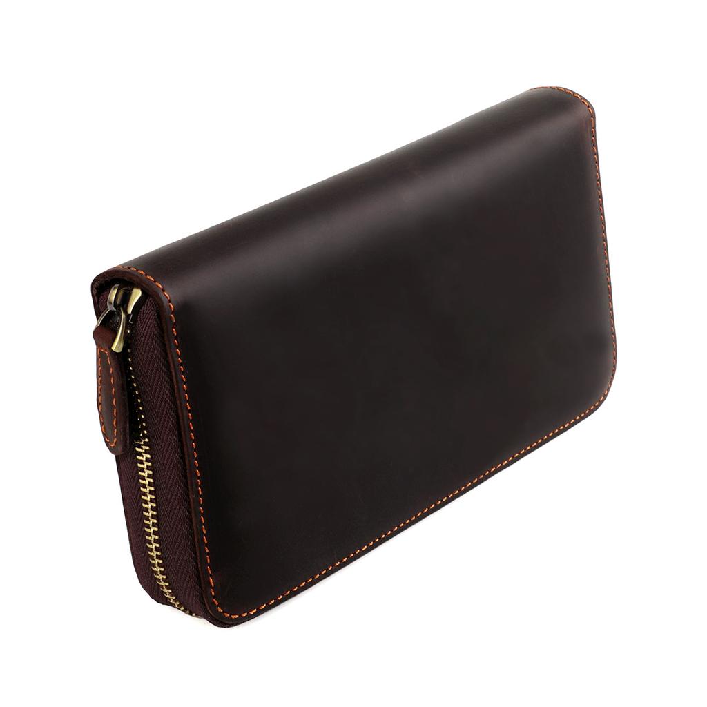 Vintage Crazy Horse Leather Men Wallet Long Zipper Card Holder Wallet