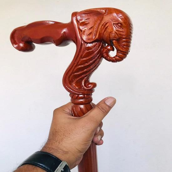 Hand Carved Elephant Head Wooden Walking Cane Walking Stick