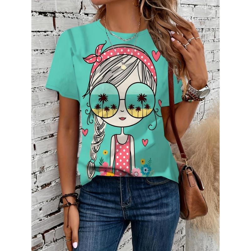

Cartoon Portrait Themed Printed Round Neck Fashion Women’s Short-sleeved Fit Round Neck Clothing S
