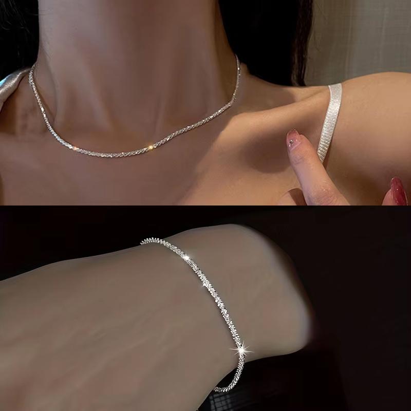 Set of Shiny Silver Plated Collarbone Chain Necklace Bracelet Jewelry, Women's Minimalist Starry Sky Accessories