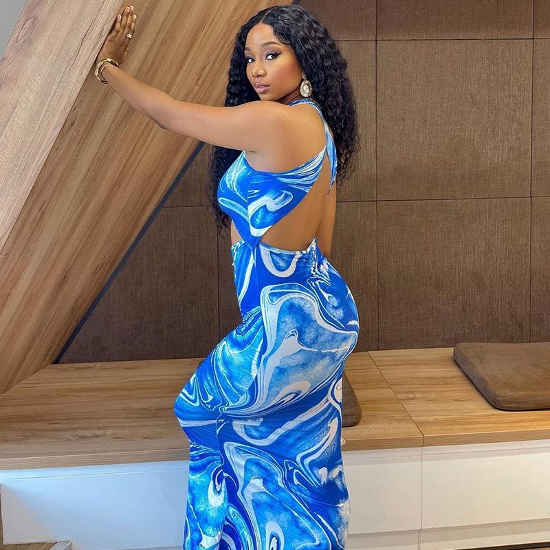 European and American Style Hollow Tight Dress with Round Neck and Exposed Backpack Buttocks, One Step Long Skirt with Printed Vacation Style Skirt