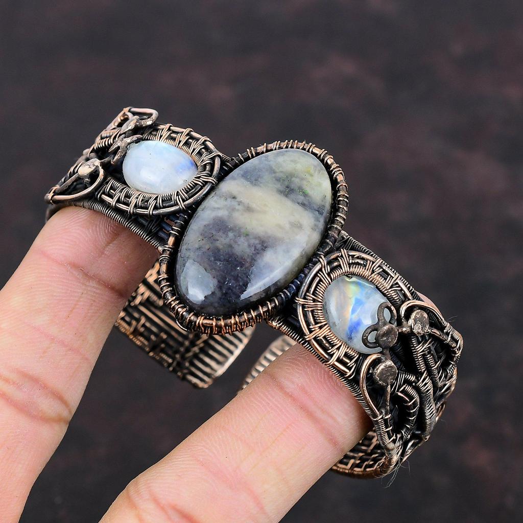 Iolite Sunstone Bangle Copper Wire Wrapped Cuff Bracelet Moonstone Bangle Adjustable Cuff Bracelet Handmade Bangle Gemstone Copper Jewelry
