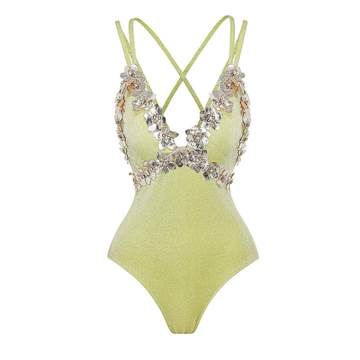 1011 European and American swimwear new green fine flash fabric decal high-end sense one-piece swimsuit women 11111