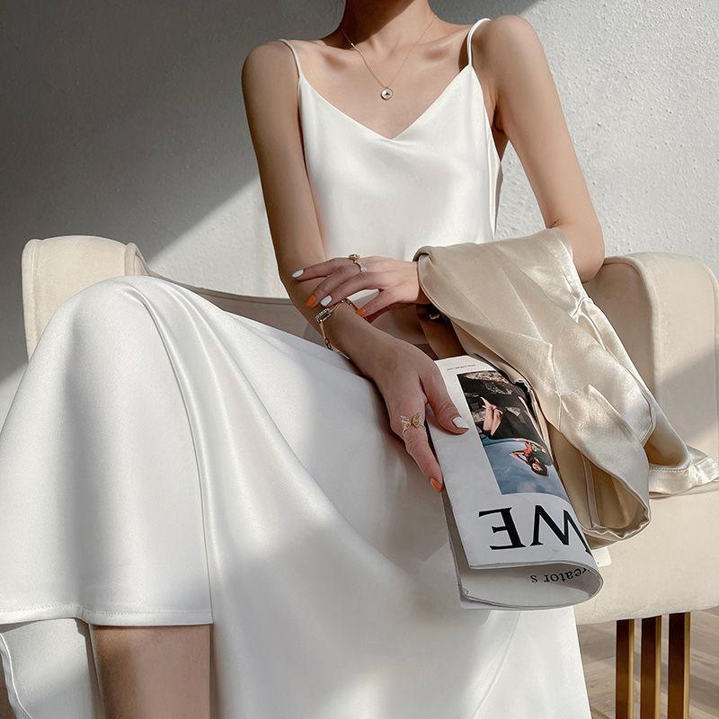 Spring and summer new French acetic acid satin sexy suspender dress women's medium and long inner solid color bottoming dress