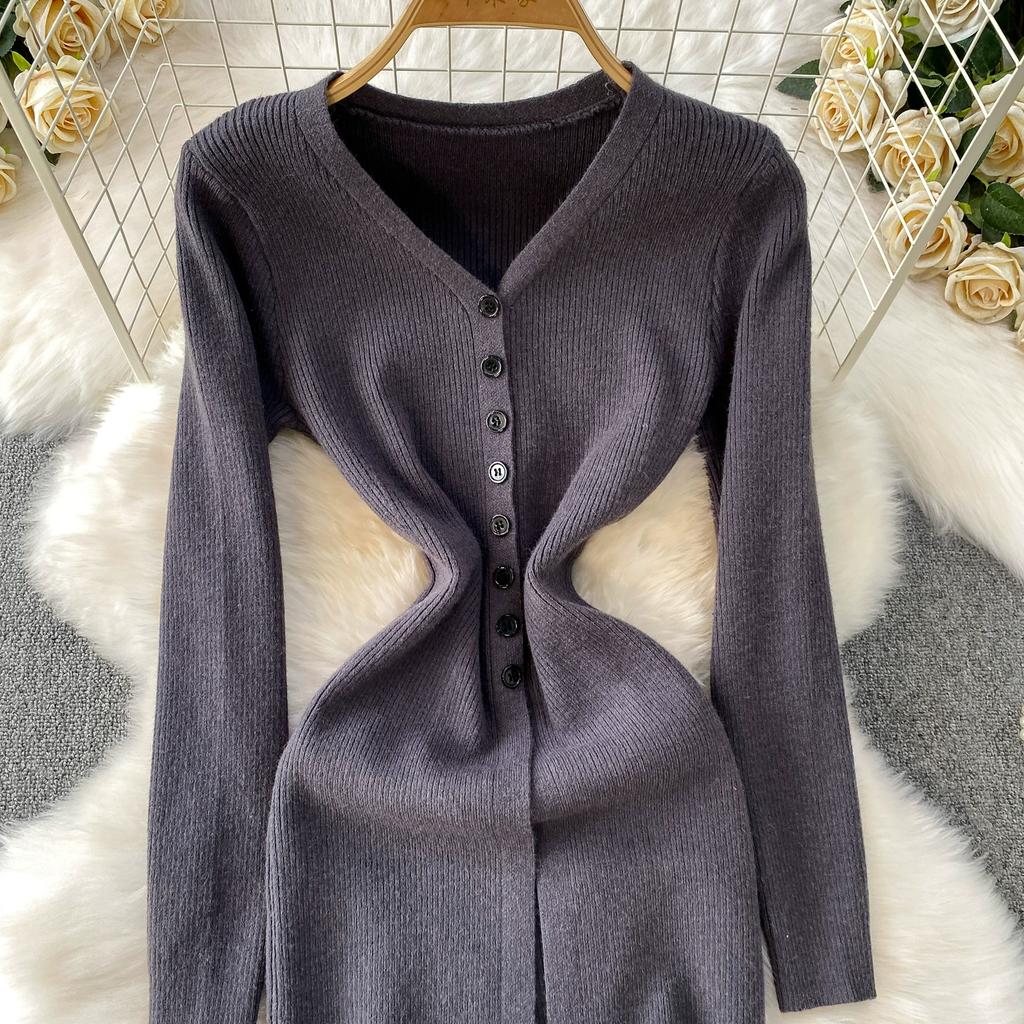 Jesień Wiosna Kobiety Elegancki Sweter Dzianinowy z Dekoltem w Serek Jednorzędowy Długie Sukienki Midi z Rozcięciem