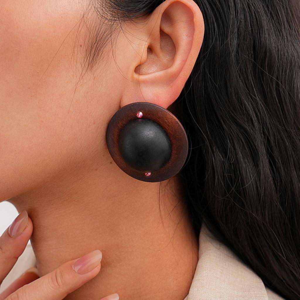 European and American Retro Wood Round Silver Needle Simple Personality Niche Earrings Simple Earrings