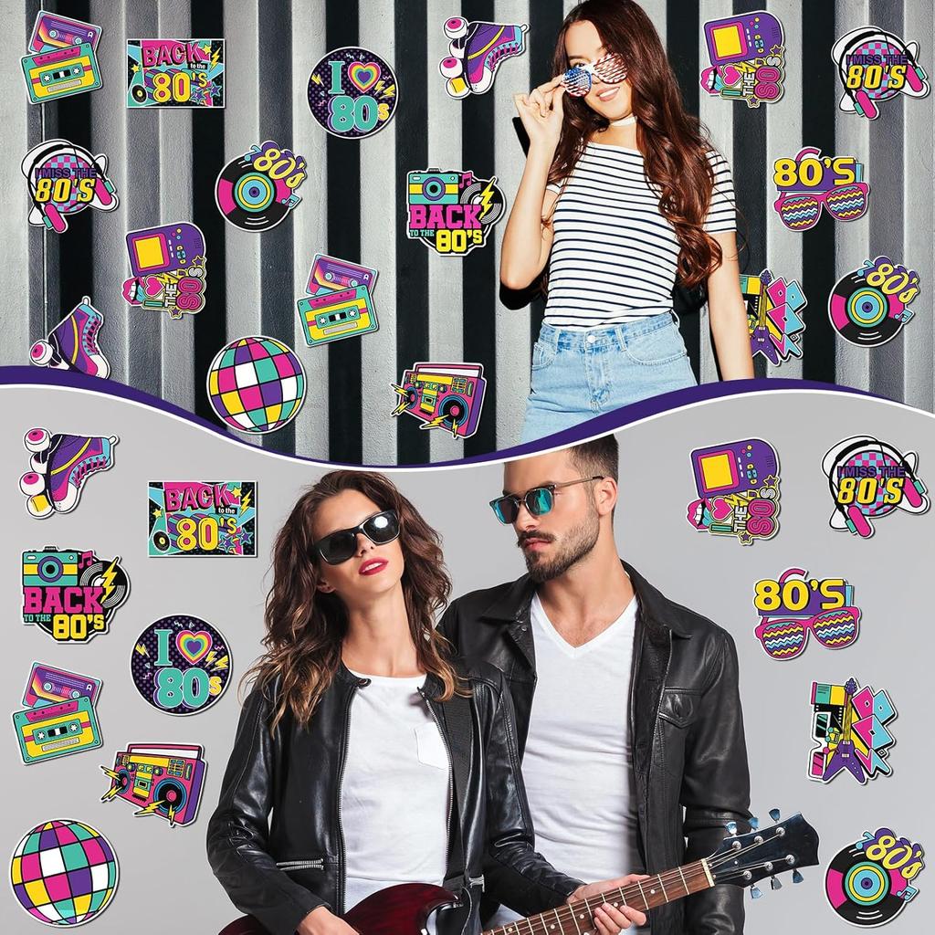 Seajan 60 Pcs Back To The 80s Party Decoration Retro 1980s Hip Hop Cutouts Radio Roller Skating Cassette Tape Cutouts Throwback Birthday Party Neon