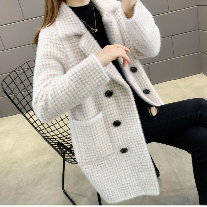 Damen Herbst und Winter Mittellange gestrickte lose Jacke Strickjacke verdickten Pullover
