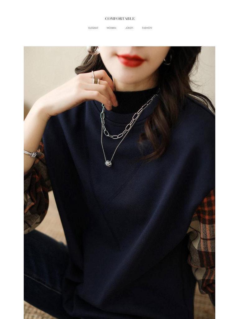 Women's Pilling-Free Crew Neck Plaid Sweatshirt, Retro Fake Two-Piece Style, Early Spring 2025 Collection