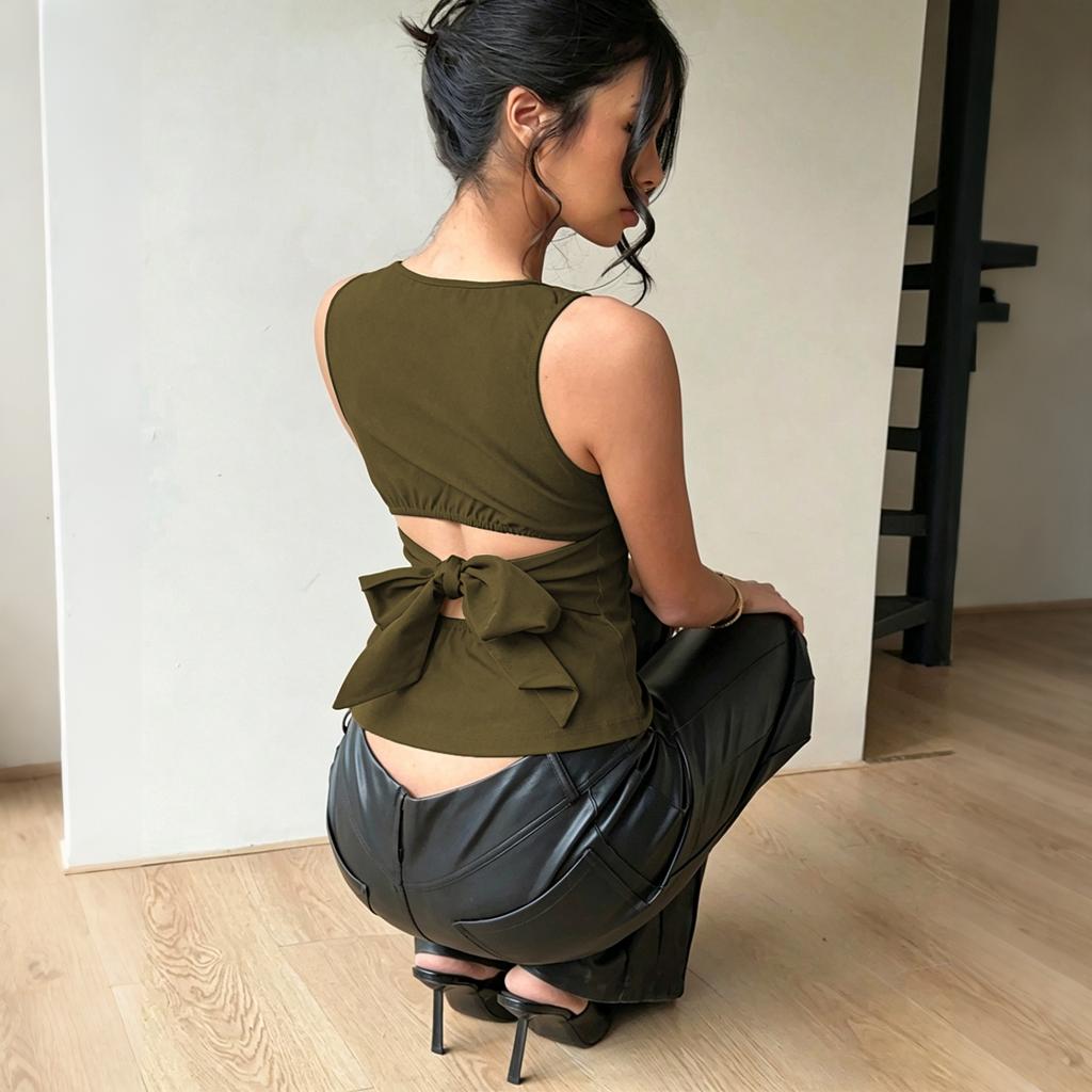 Women Sleeveless Round Neck Tank Top Stretchy Fitted Solid Basic Tie Summer Casual Shirt Blouse Vest