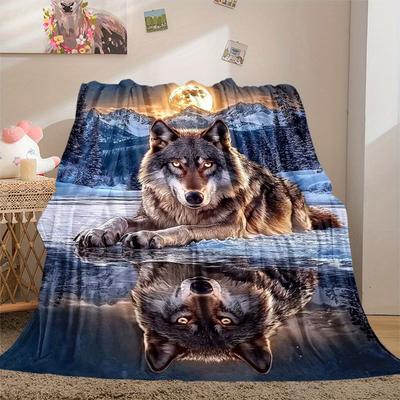 1Pc Wolf Reflection Print Flannel Blanket, High Quality Comfortable for All Seasons, Home Decor, Warmth and Comfort, Perfect for Christmas Gifts14