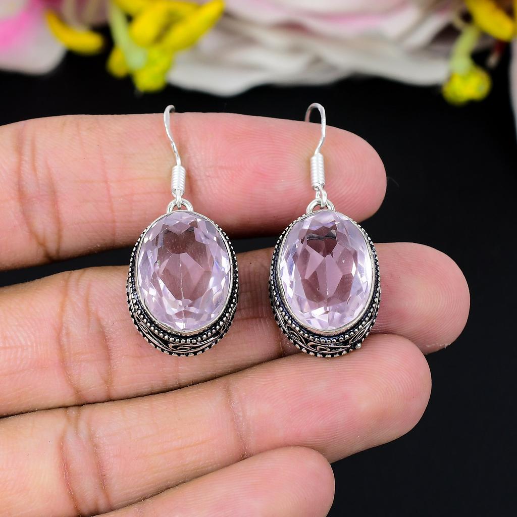 Pink Kunzite Gemstone Handmade 925 Sterling Silver Jewelry Earring 1.62" KG-293