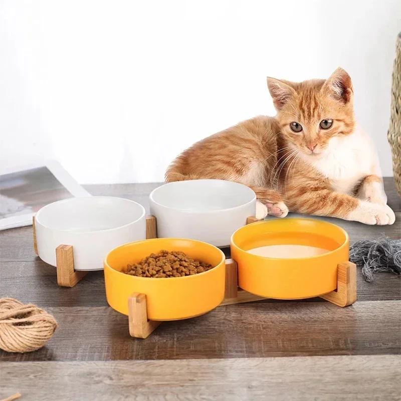 Wooden Rack Ceramic Pet Double Bowl Integrated Eating Drinking Basin No Spill Feeder For Small Cats Dogs Neck Care Pet Supplies