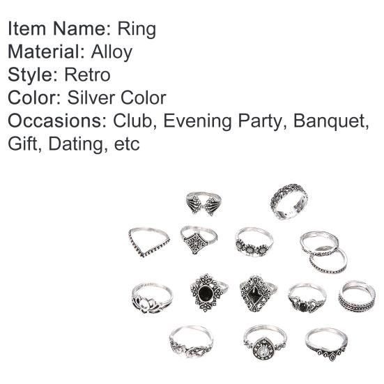 15Pcs/Set Women Hollow Lotus Sunflower Geometric Faux Gem Stacking Finger Ring