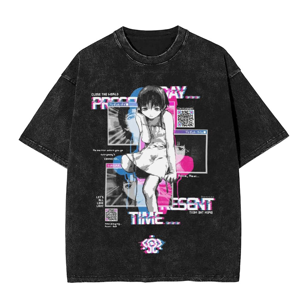 Anime Serial Experiments Lain Graphic Tshirt Washed Oversized T Shirt Mens Womens Clothing Summer Cotton Short Sleeve Tees