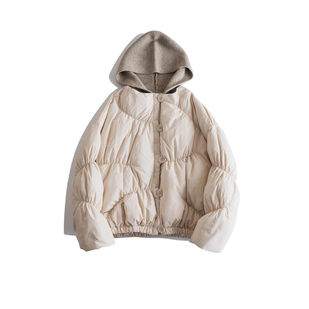 Hochwertige weiße Entendaunen-Strickmütze Daunenjacke Damen Kurz 2025 Wintermode Patchwork Warme Literarische Jacke