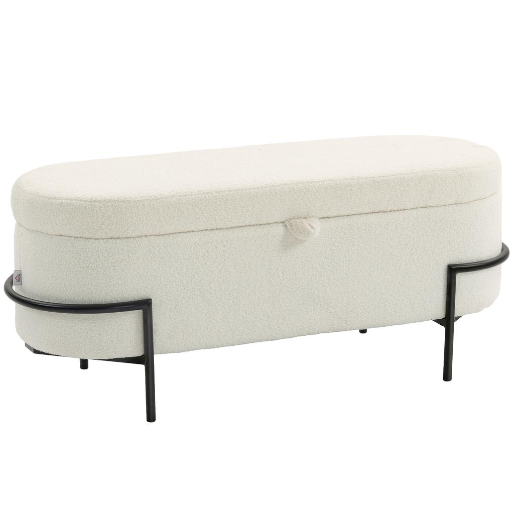 Storage Bench, Boucle Fabric, Lift-Up Lid, Steel Legs, Cream