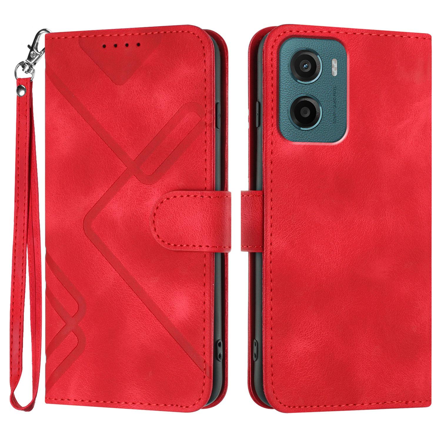 

For Motorola Moto E15 4G/Motorola Moto G05 4G Wallet Case Line Imprinted PU Leather Phone Cover with Strap Red