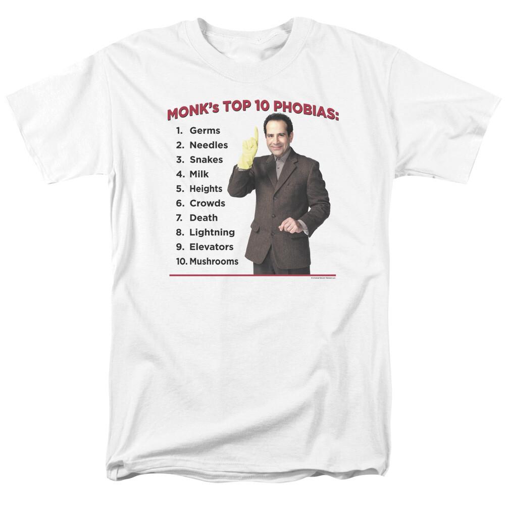 Monk Top 10 Phobias T Shirt Mens Licensed Classic TV Show Adrian Monk White S
