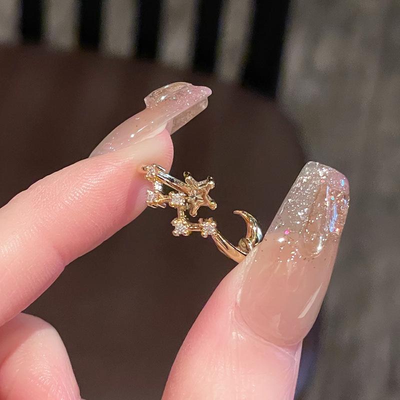 Medieval Small Fragrant Style French Retro Star Full Diamond Tassel Open Ring Niche Design Light Luxury High-End Accessories