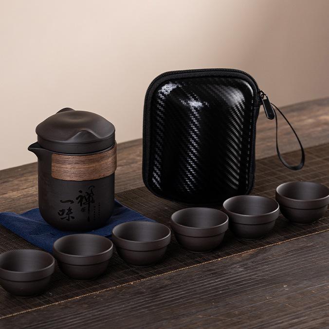 Purple sand travel tea set, small set, express cup, one pot, six cups, portable bag, outdoor camping activities, gifts