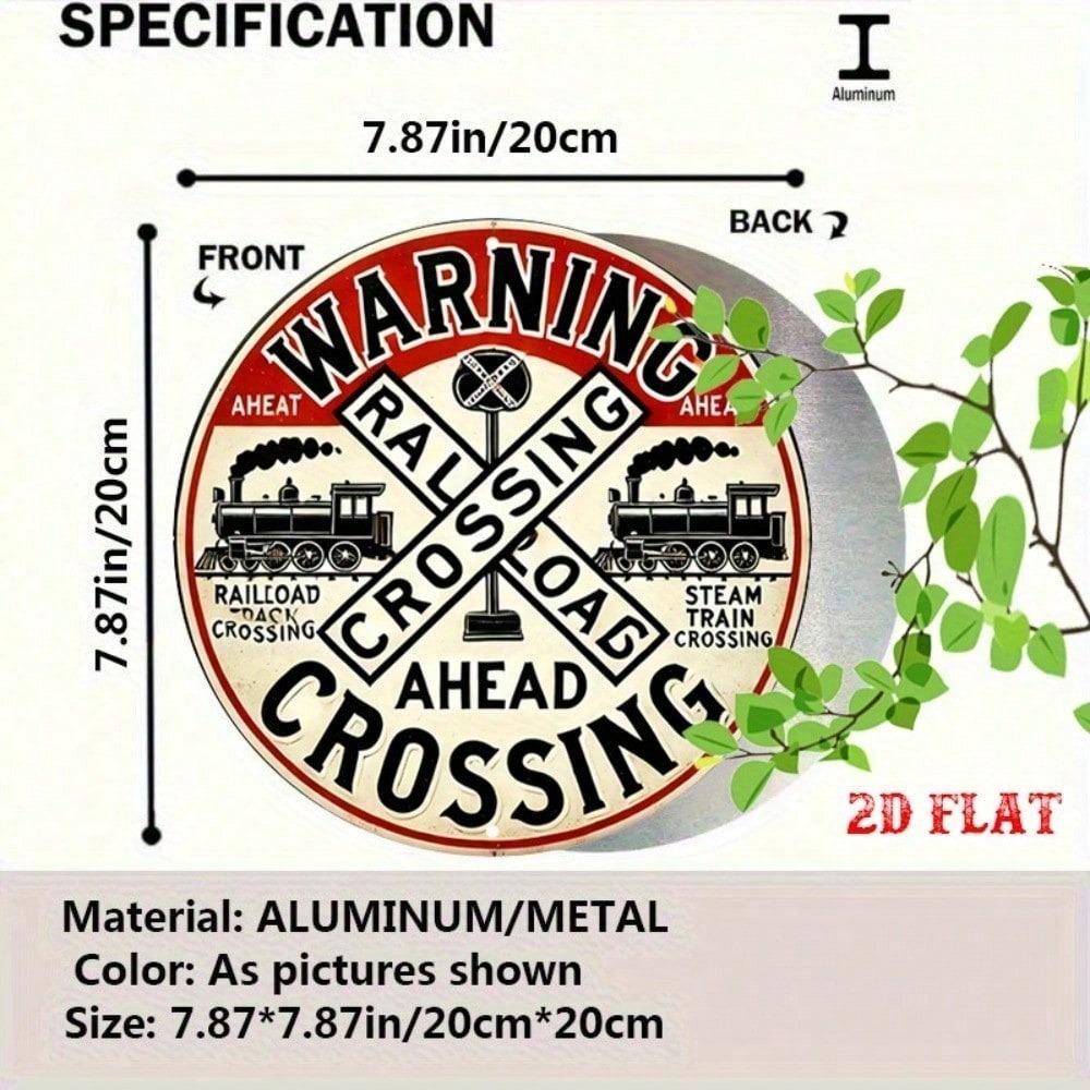 Vintage Railroad Crossing Metal Sign 7.8 Inch Round Heavy Duty Train Warning Decoration Locomotive
