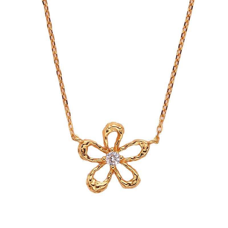 S925 Sterling Silver Zircon Colored Treasure Collarbone Chain Fashionable And Sweet Hollow Small Flower Pendant Necklace Women
