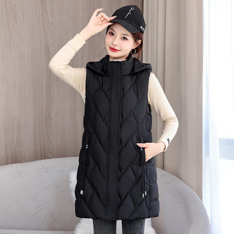 

Cotton vest women s medium and long live hat medium and long solid color cotton vest rhombus temperament thin loose vest XL чёрный