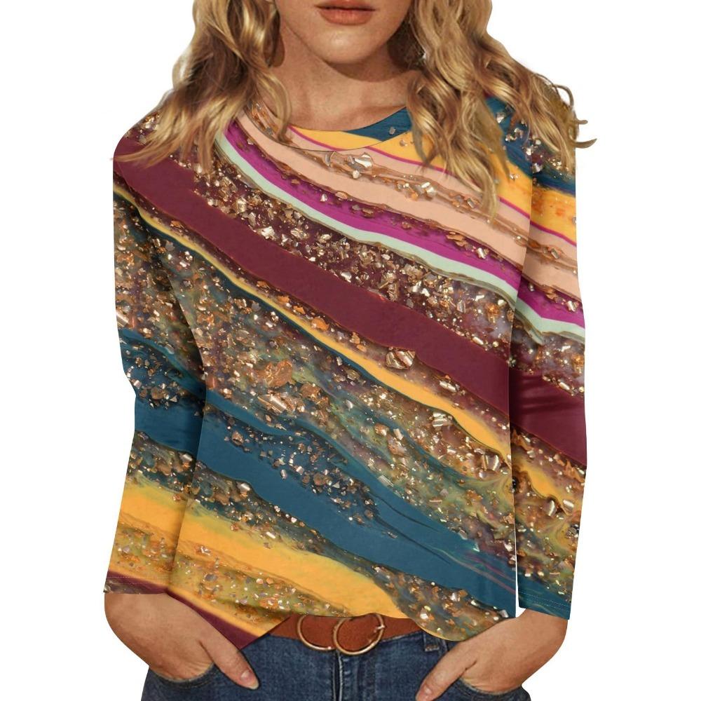 2026 Women's Casual Elegant Spring/Summer Large Love Printed Solid Color Loose Round Neck Long Sleeve T-shirt