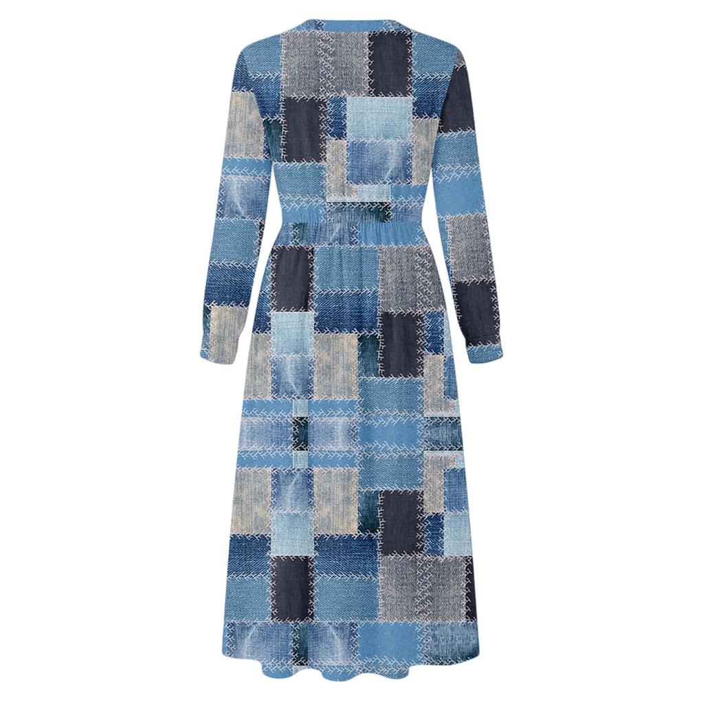 Dress For Women Long Boho Beach Dress Elegant Maxi Dress V-Neck Long Sleeve Dress With Pockets