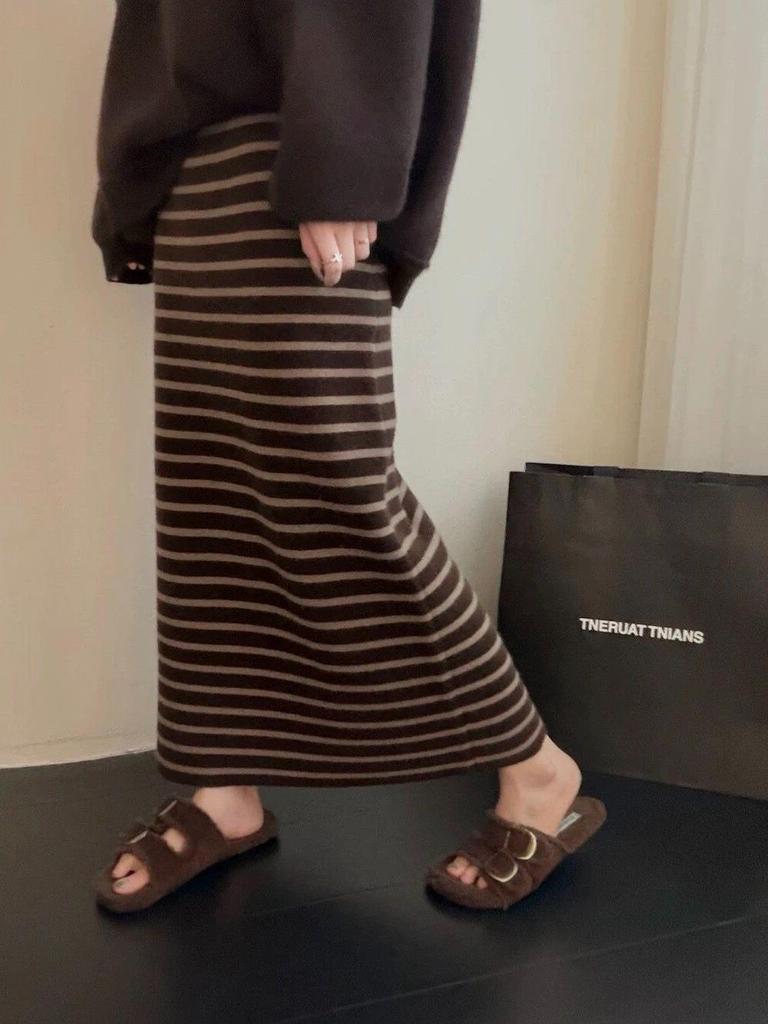Women's High Waist Color Block Striped Midi Skirt - Winter Korean Style