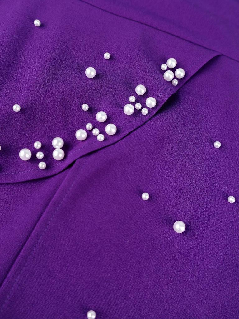Beaded V-neck Waist-Cinched Long-Sleeve Banquet Midi Dress