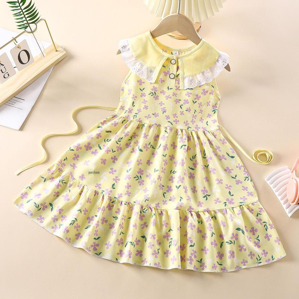 Summer Girls' Sleeveless Floral Princess Dress - Cotton Silk Blend for Outdoor Wear