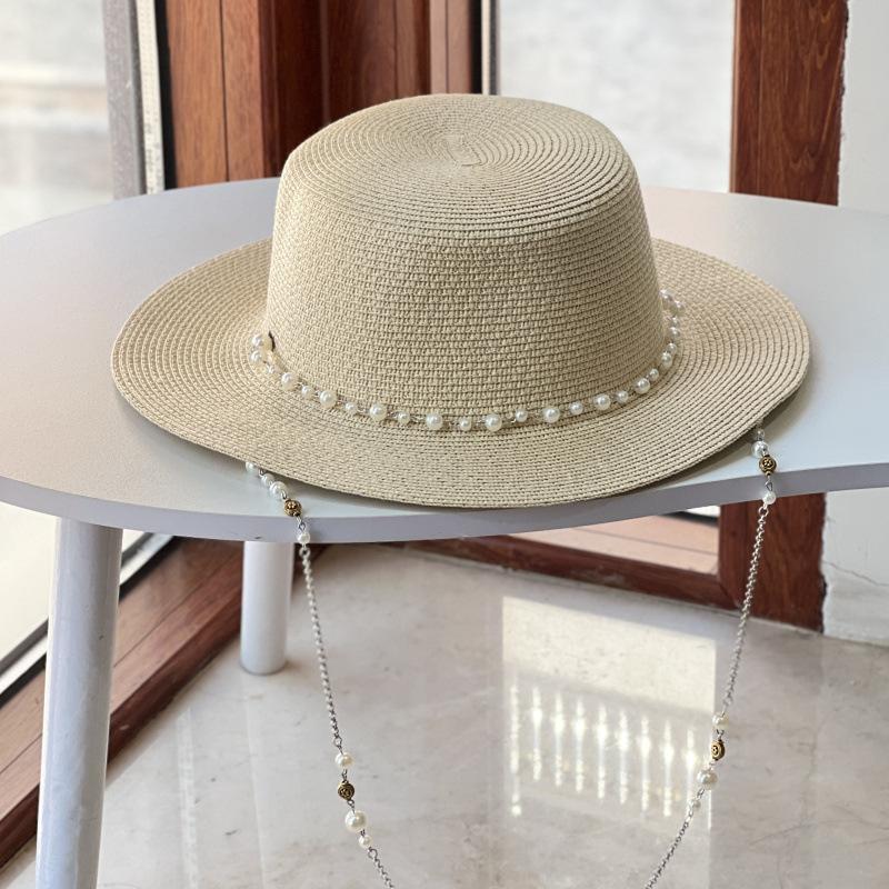 New French Flat Top Straw Hat For Women, Big Head Waist, Beach Top Hat, Woven Pearl Chain Sunscreen Hat
