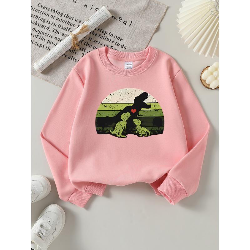 European Sizes Girls' Long-Sleeve Round Neck Sweatshirt "Mamasaurus Rex Dinos" Print, Spring/Autumn, Casual, Daily & Sports.
