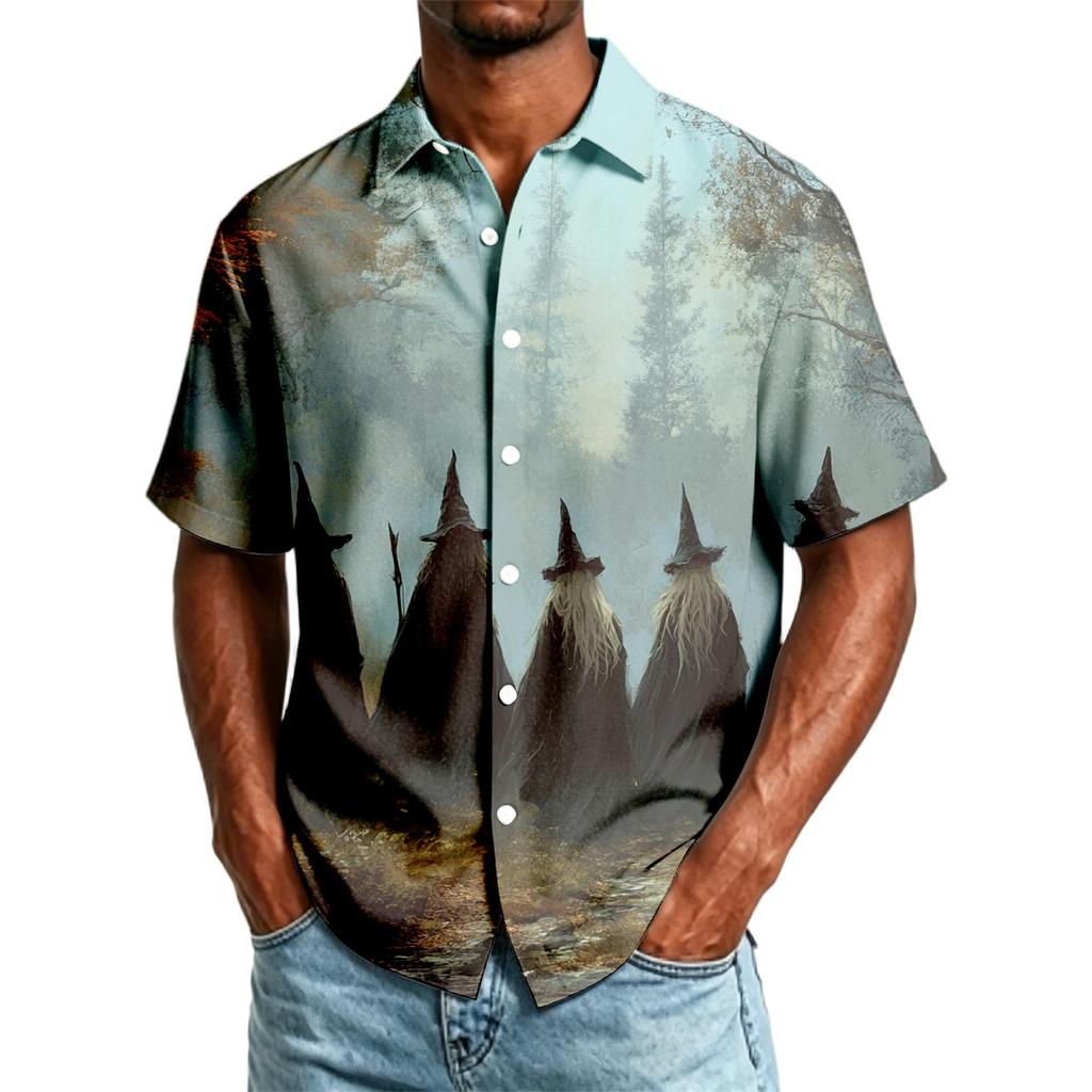 Men's Casual Short Sleeve Button Down Shirt Halloween Themed Printed Top Lightweight Breathable Fabric Relaxed Fit