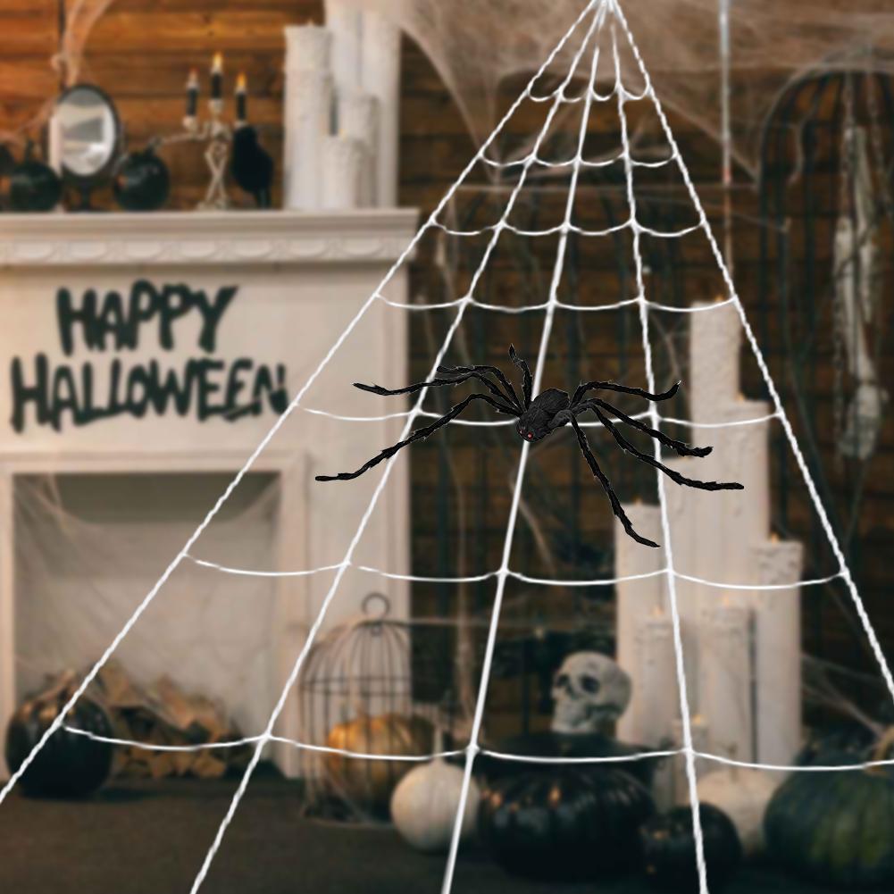 Halloween Triangular Spider Web with 8/6/5 Inch Spider Simulation Giant Spiderweb for Patio Garden Yard Haunted House Decor Prop