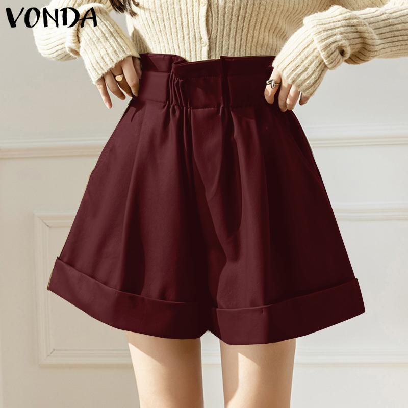 VONDA Summer Women Elastic High Waist Solid Color Casual Loose Shorts Mini Pants