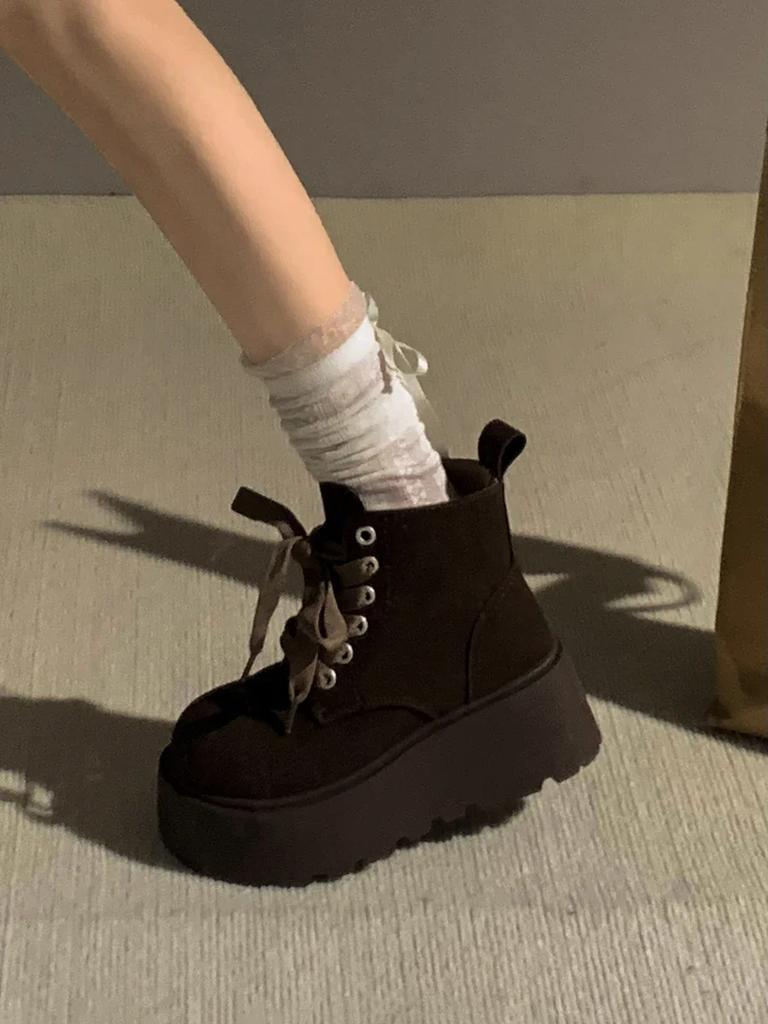 Winter Platform Heel Women Ankle Boots Fashion Lace Up Knight Short Booties Designer