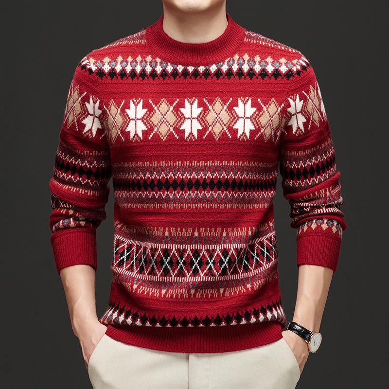Unisex Striped Jacquard Wool Sweater - Thick, Versatile & Warm for Autumn/Winter