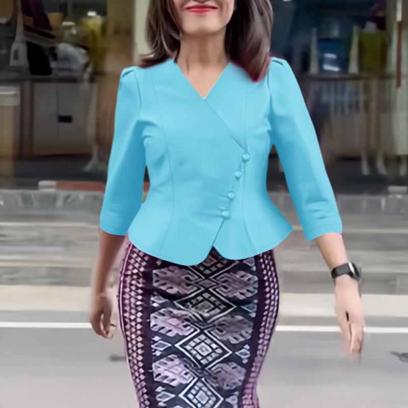 ZANZEA Damen Casual V-Ausschnitt Einfarbig 3/4-Ärmel Satinbluse