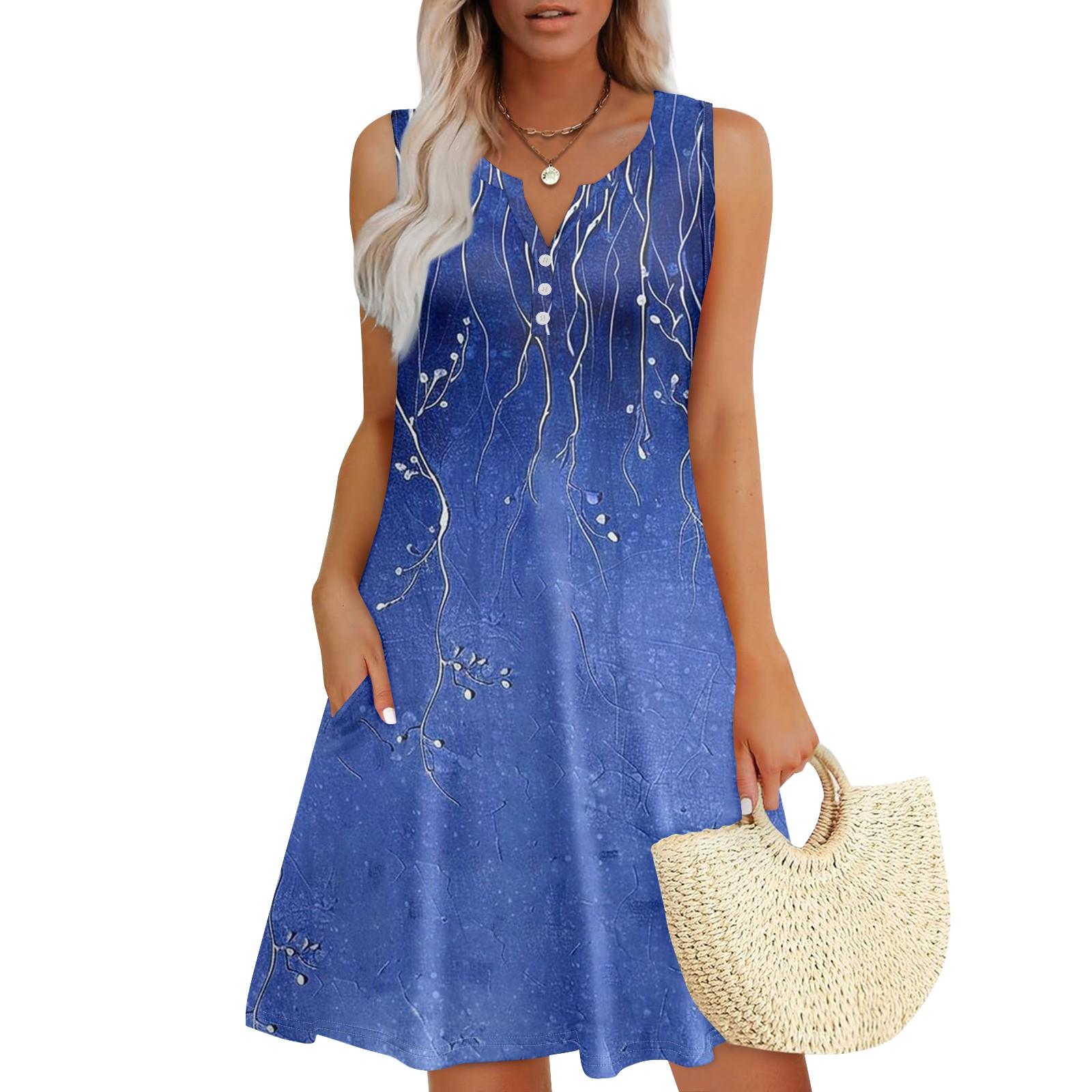 

Женские летние платья Свободные сарафаны без рукавов с V-образным вырезом Платье с карманами XL