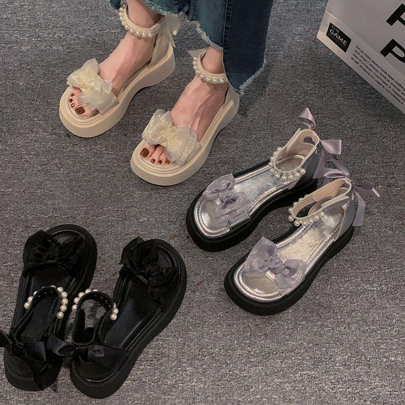 Flat-soled Sandals Female Summer 2025 New Fairy Style Platform Muffin Bow French with Skirt Pearl Roman Shoes