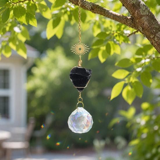 Crystal Sun Catchers for Windows, Colorful Healing Light Crystal Suncatcher, Prism Crystal Hanging Pendant with Chains, Gold-Plated Wind Chimes,